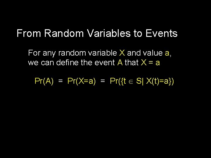 From Random Variables to Events For any random variable X and value a, we