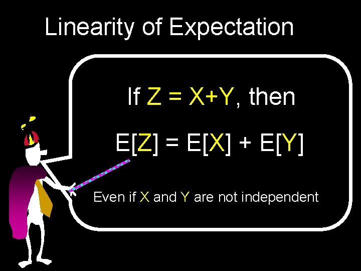Linearity of Expectation If Z = X+Y, then E[Z] = E[X] + E[Y] Even