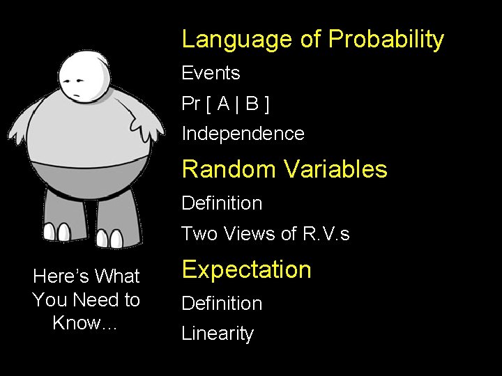 Language of Probability Events Pr [ A | B ] Independence Random Variables Definition