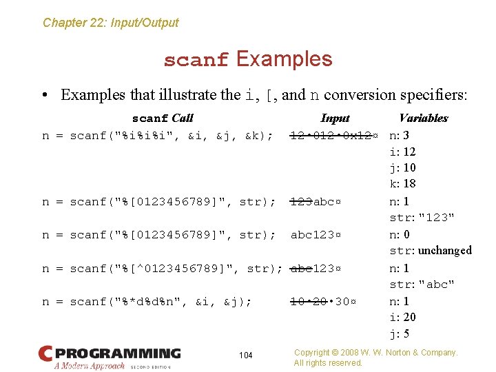 Chapter 22: Input/Output scanf Examples • Examples that illustrate the i, [, and n