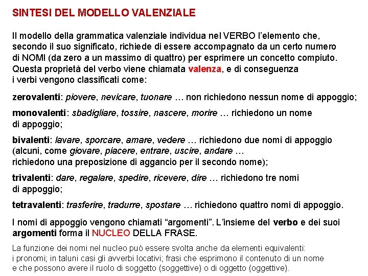 SINTESI DEL MODELLO VALENZIALE Il modello della grammatica valenziale individua nel VERBO l’elemento che,