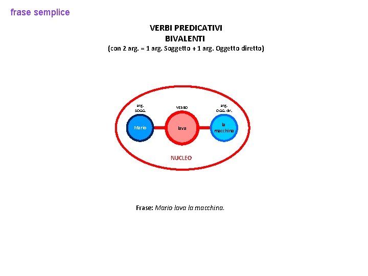 frase semplice VERBI PREDICATIVI BIVALENTI (con 2 arg. = 1 arg. Soggetto + 1