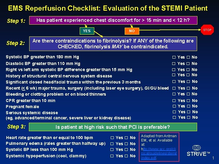 EMS Reperfusion Checklist: Evaluation of the STEMI Patient Step 1: Has patient experienced chest