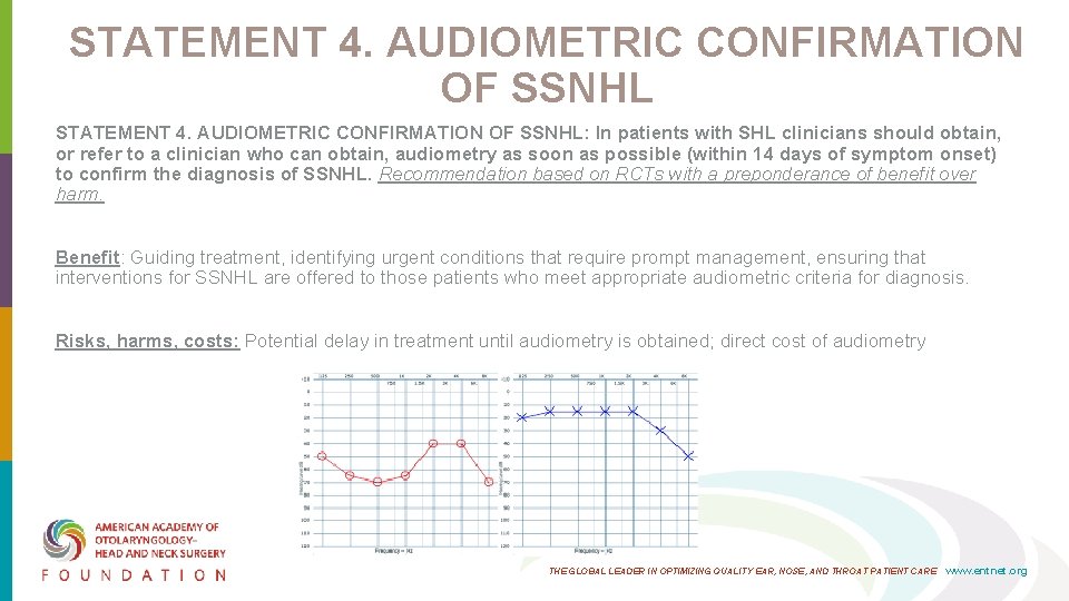 STATEMENT 4. AUDIOMETRIC CONFIRMATION OF SSNHL: In patients with SHL clinicians should obtain, or STATEMENT 4. AUDIOMETRIC CONFIRMATION OF SSNHL: In patients with SHL clinicians should obtain, or