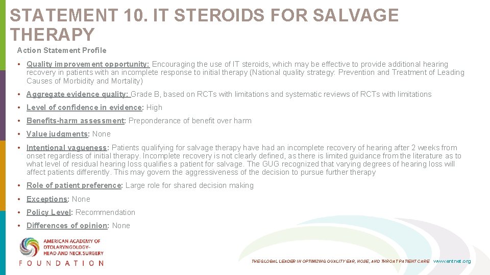 STATEMENT 10. IT STEROIDS FOR SALVAGE THERAPY Action Statement Profile • Quality improvement opportunity: STATEMENT 10. IT STEROIDS FOR SALVAGE THERAPY Action Statement Profile • Quality improvement opportunity: