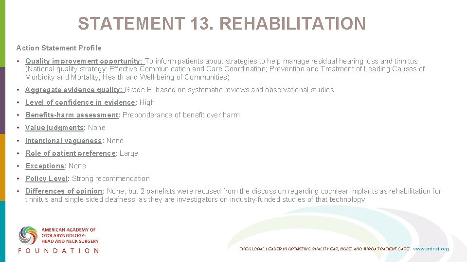 STATEMENT 13. REHABILITATION Action Statement Profile • Quality improvement opportunity: To inform patients about STATEMENT 13. REHABILITATION Action Statement Profile • Quality improvement opportunity: To inform patients about