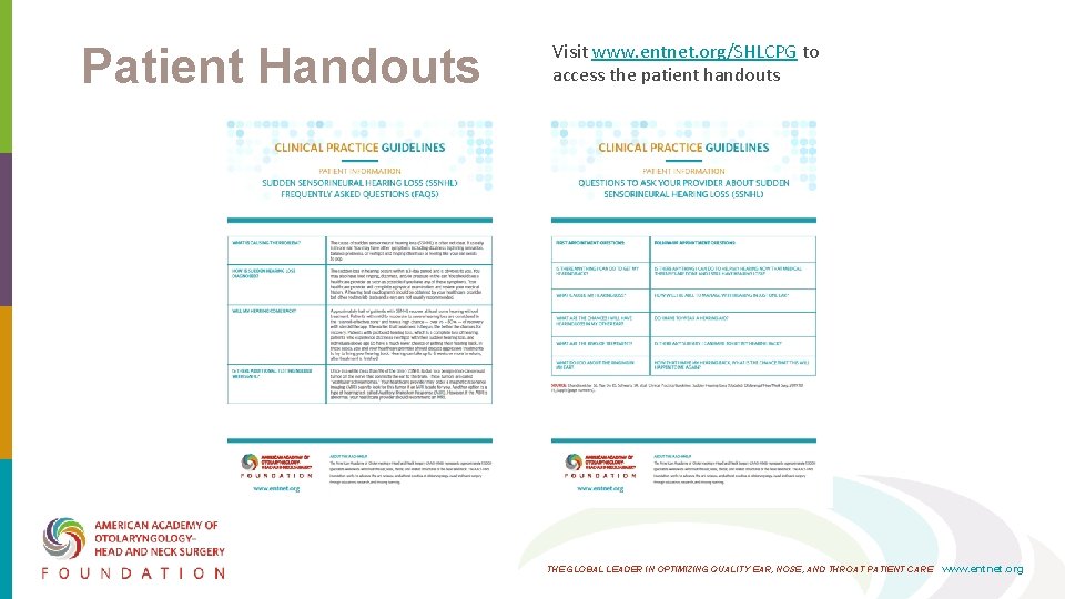 Patient Handouts Visit www. entnet. org/SHLCPG to access the patient handouts THE GLOBAL LEADER Patient Handouts Visit www. entnet. org/SHLCPG to access the patient handouts THE GLOBAL LEADER