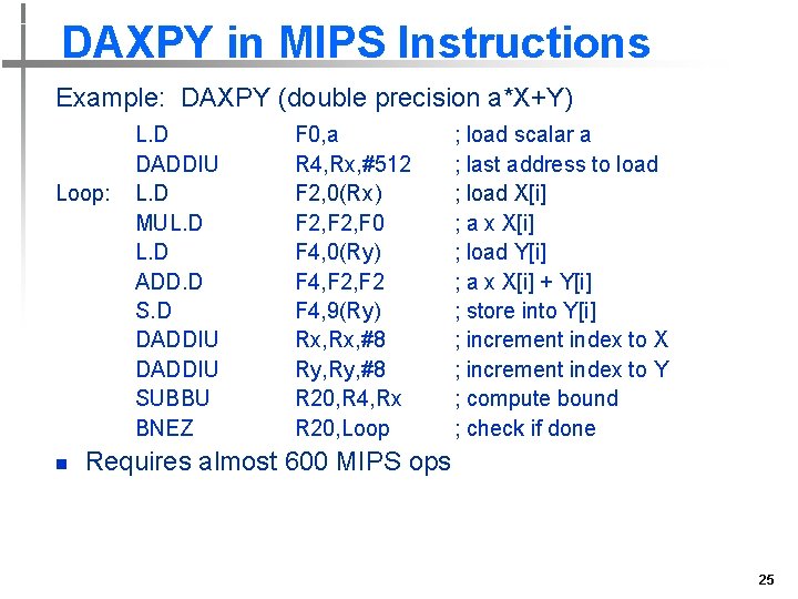 DAXPY in MIPS Instructions Example: DAXPY (double precision a*X+Y) Loop: n L. D DADDIU