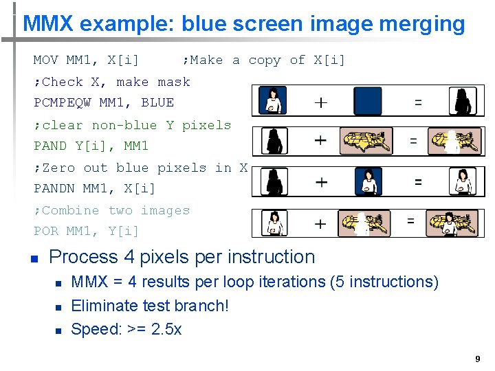 MMX example: blue screen image merging MOV MM 1, X[i] ; Make a copy