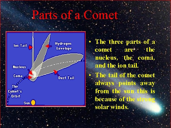 Parts of a Comet • The three parts of a comet are the nucleus,