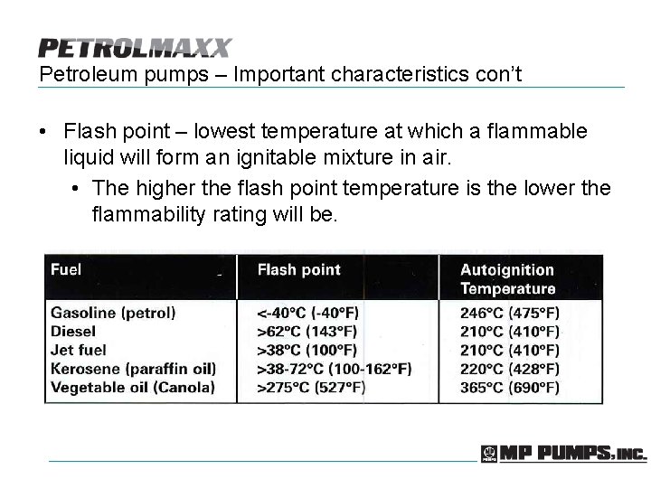 Petroleum pumps – Important characteristics con’t • Flash point – lowest temperature at which