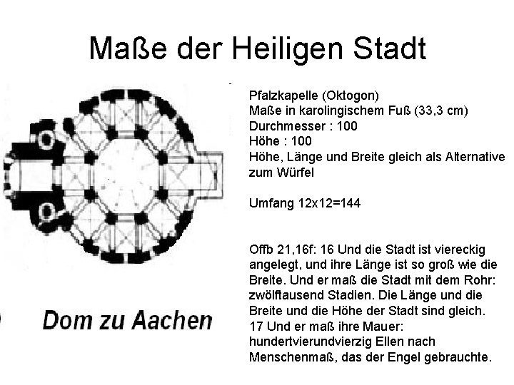 Maße der Heiligen Stadt Pfalzkapelle (Oktogon) Maße in karolingischem Fuß (33, 3 cm) Durchmesser