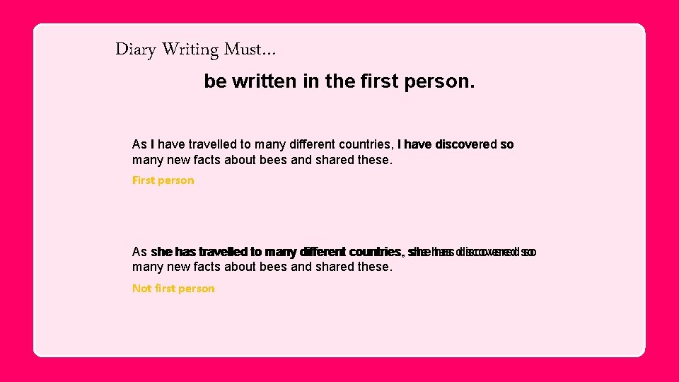 Diary Writing Must… be written in the first person. As I have travelled to