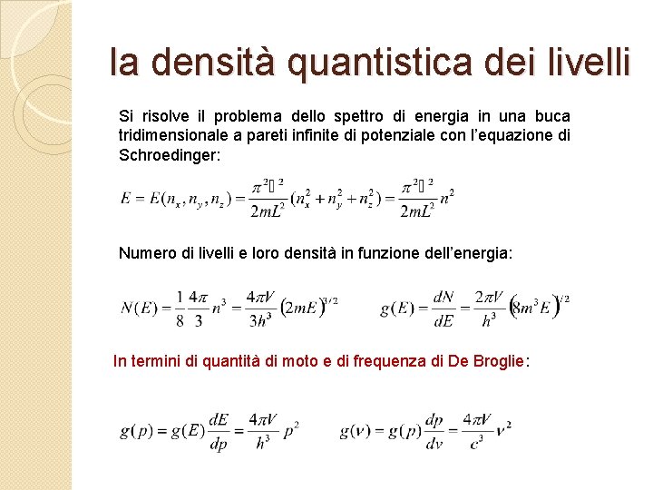 la densità quantistica dei livelli Si risolve il problema dello spettro di energia in