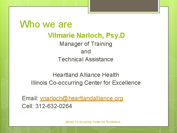 Who we are Vilmarie Narloch, Psy. D Manager of Training and Technical Assistance Heartland