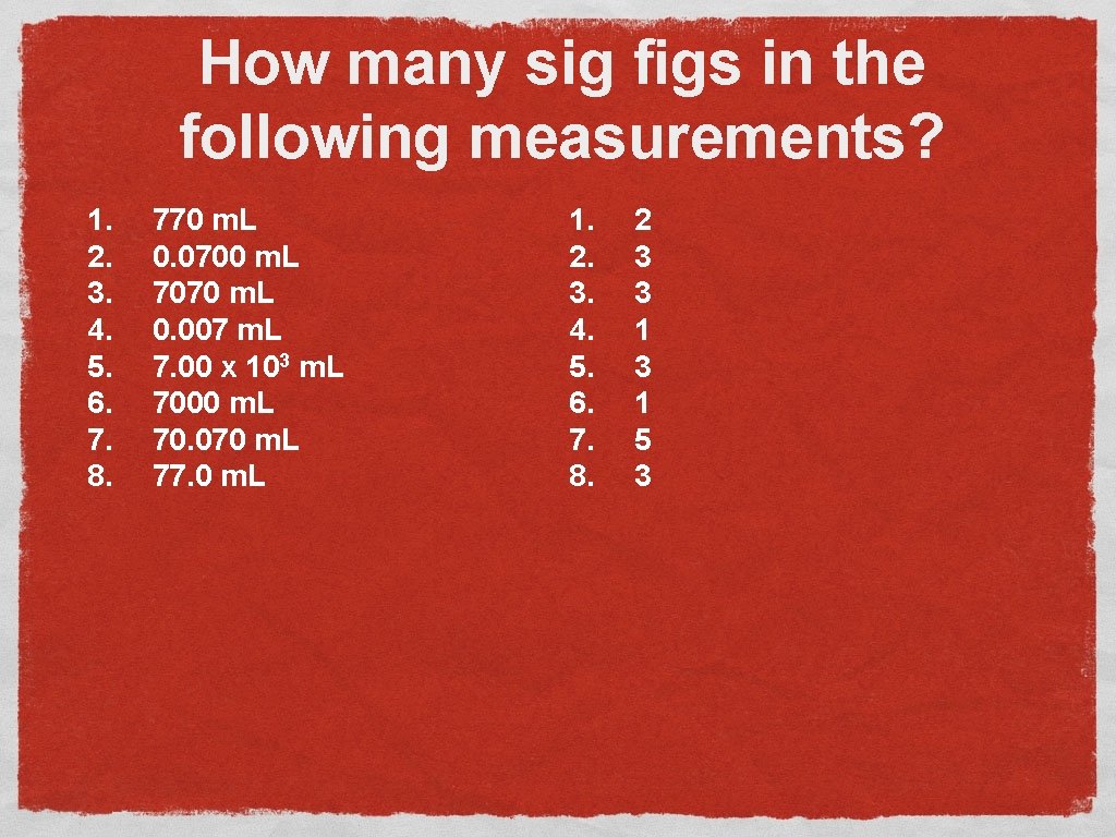How many sig figs in the following measurements? 1. 2. 3. 4. 5. 6.