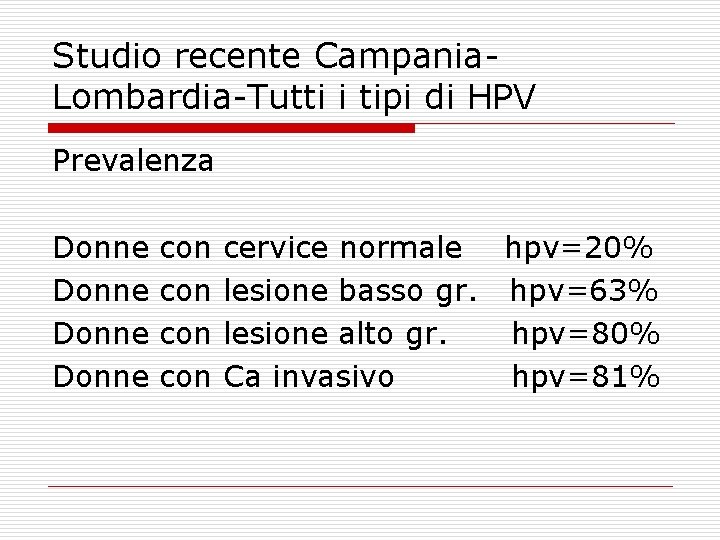 Studio recente Campania. Lombardia-Tutti i tipi di HPV Prevalenza Donne con con cervice normale