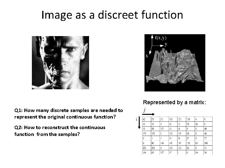 Image as a discreet function Represented by a matrix: Q 1: How many discrete