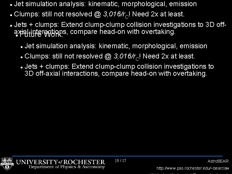 Jet simulation analysis: kinematic, morphological, emission Clumps: still not resolved @ 3, 016/r !