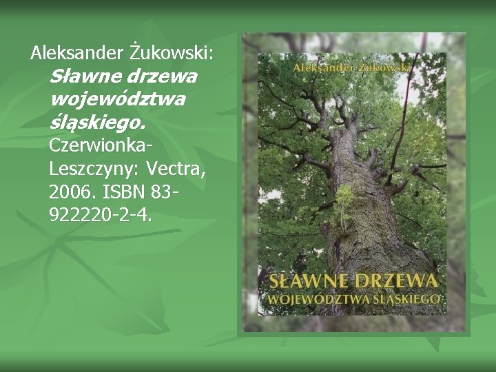 Aleksander Żukowski: Sławne drzewa województwa śląskiego. Czerwionka. Leszczyny: Vectra, 2006. ISBN 83922220 -2 -4.