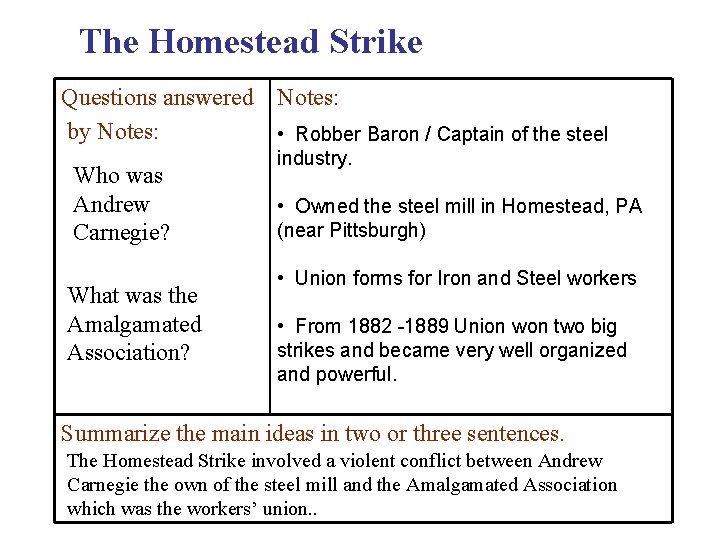 The Homestead Strike Questions answered Notes: by Notes: • Robber Baron / Captain of The Homestead Strike Questions answered Notes: by Notes: • Robber Baron / Captain of