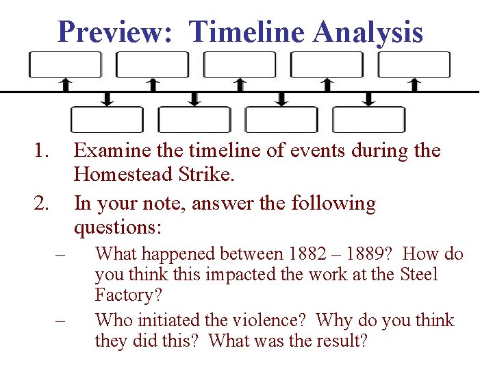 Preview: Timeline Analysis 1. Examine the timeline of events during the Homestead Strike. In Preview: Timeline Analysis 1. Examine the timeline of events during the Homestead Strike. In