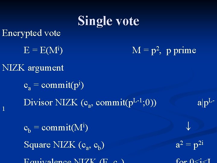 Encrypted vote Single vote E = E(Mi) M = p 2, p prime NIZK