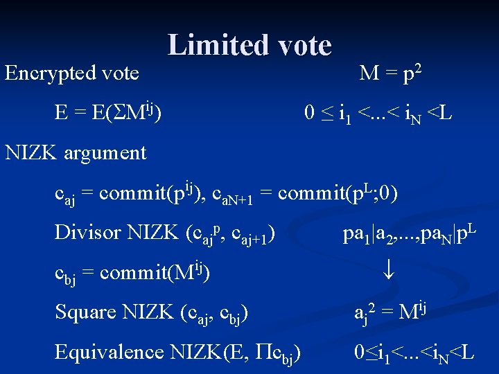 Limited vote Encrypted vote ij E = E( M ) M = p 2