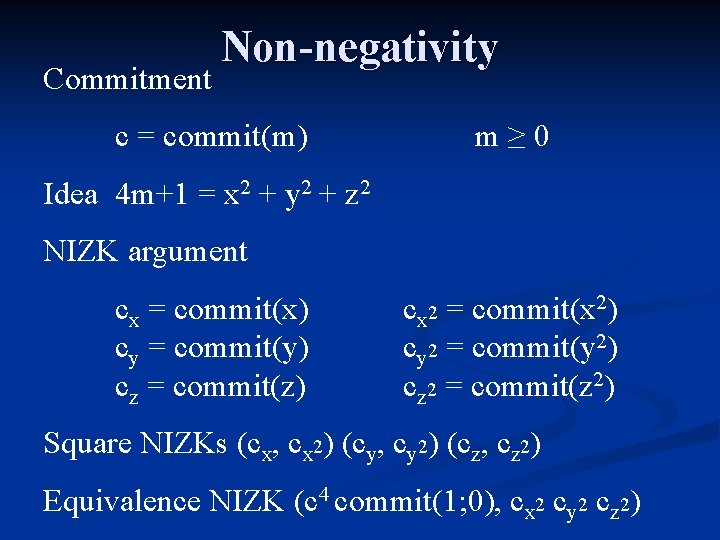 Commitment Non-negativity c = commit(m) m≥ 0 Idea 4 m+1 = x 2 +