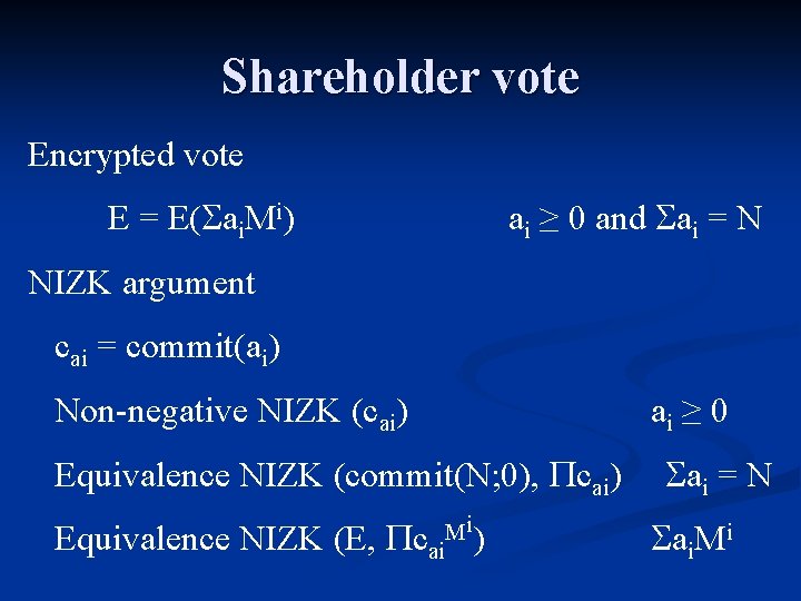 Shareholder vote Encrypted vote ai ≥ 0 and ai = N E = E(