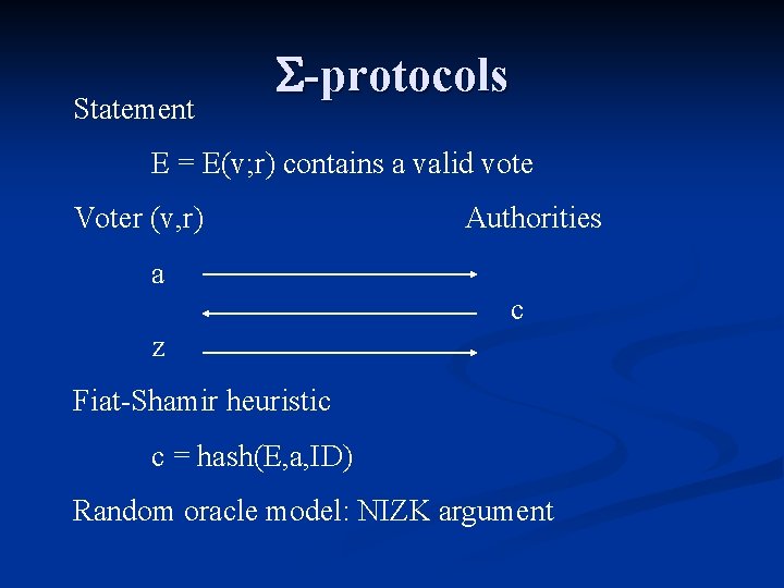 Statement -protocols E = E(v; r) contains a valid vote Voter (v, r) Authorities