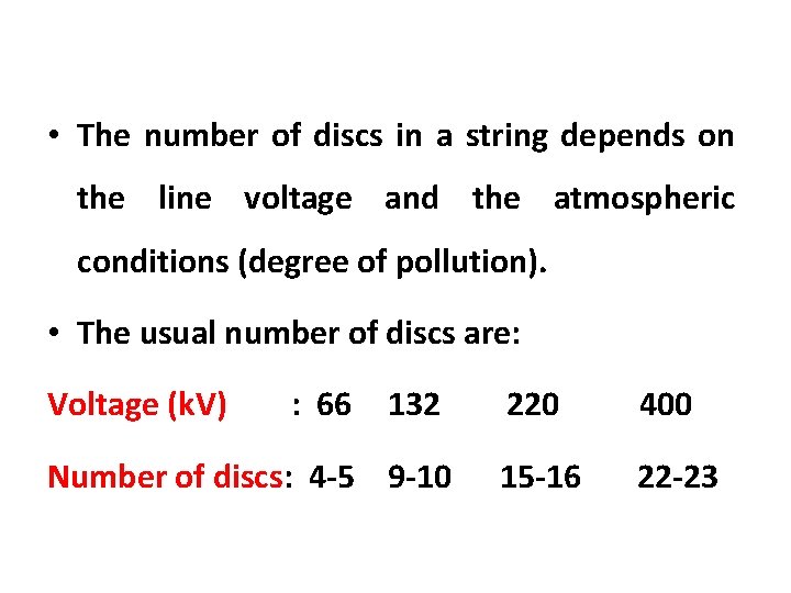 • The number of discs in a string depends on the line voltage • The number of discs in a string depends on the line voltage