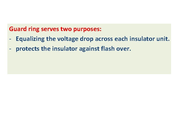 Guard ring serves two purposes: - Equalizing the voltage drop across each insulator unit. Guard ring serves two purposes: - Equalizing the voltage drop across each insulator unit.
