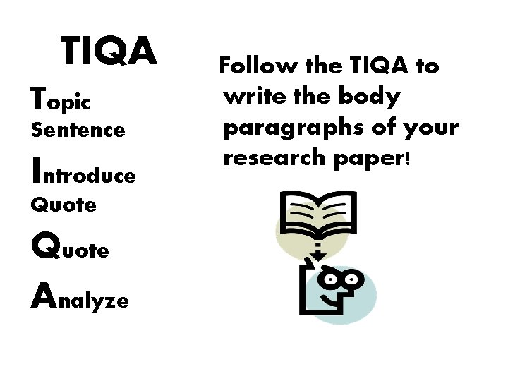 TIQA Topic Sentence Introduce Quote Analyze Follow the TIQA to write the body paragraphs TIQA Topic Sentence Introduce Quote Analyze Follow the TIQA to write the body paragraphs