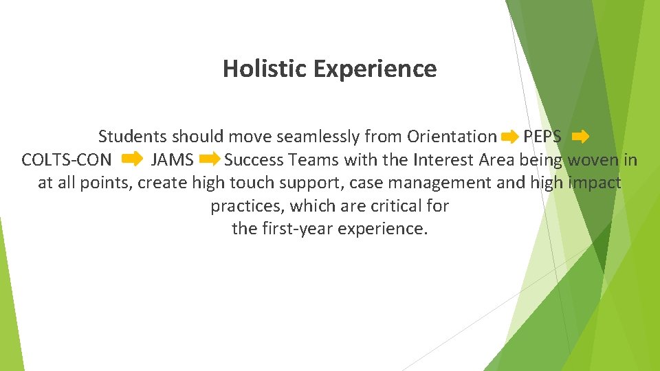 Holistic Experience Students should move seamlessly from Orientation PEPS COLTS-CON JAMS Success Teams with