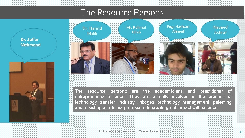 The Resource Persons Dr. Hamid Malik Mr. Rahmat Ullah Eng. Hasham Ahmed Naveed Ashraf