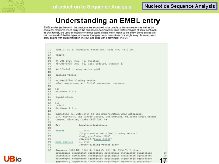 Introduction to Sequence Analysis Nucleotide Sequence Analysis Understanding an EMBL entry 17 