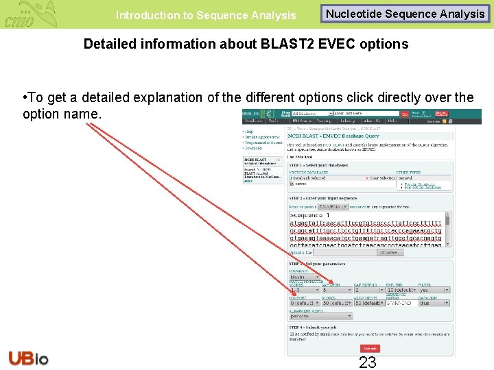 Introduction to Sequence Analysis Nucleotide Sequence Analysis Detailed information about BLAST 2 EVEC options
