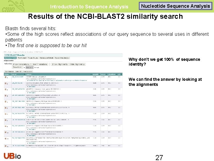 Introduction to Sequence Analysis Nucleotide Sequence Analysis Results of the NCBI-BLAST 2 similarity search