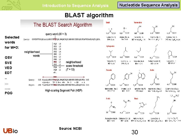 Introduction to Sequence Analysis Nucleotide Sequence Analysis BLAST algorithm Selected words for W=3: GSV