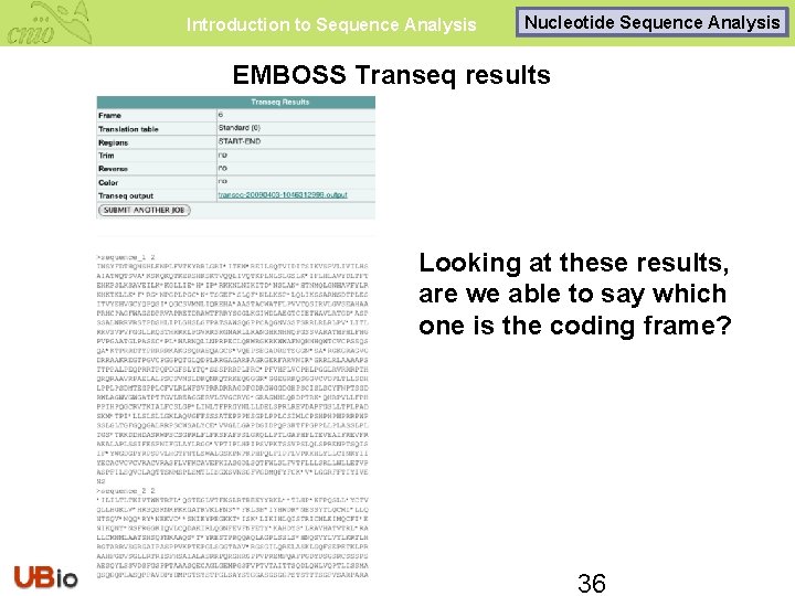 Introduction to Sequence Analysis Nucleotide Sequence Analysis EMBOSS Transeq results Looking at these results,