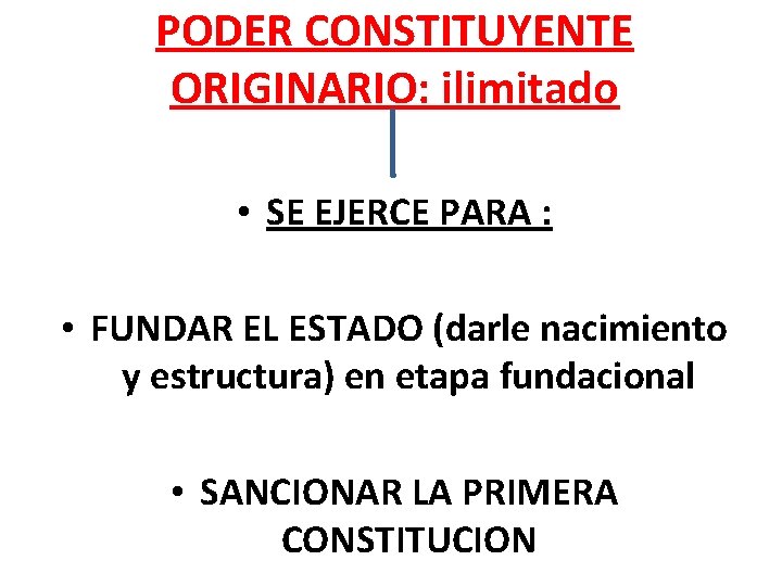 PODER CONSTITUYENTE ORIGINARIO: ilimitado • SE EJERCE PARA : • FUNDAR EL ESTADO (darle PODER CONSTITUYENTE ORIGINARIO: ilimitado • SE EJERCE PARA : • FUNDAR EL ESTADO (darle