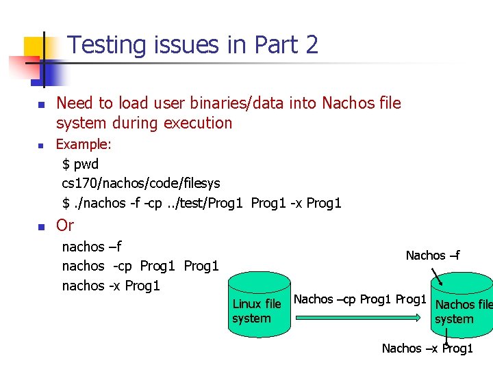 Testing issues in Part 2 n n n Need to load user binaries/data into