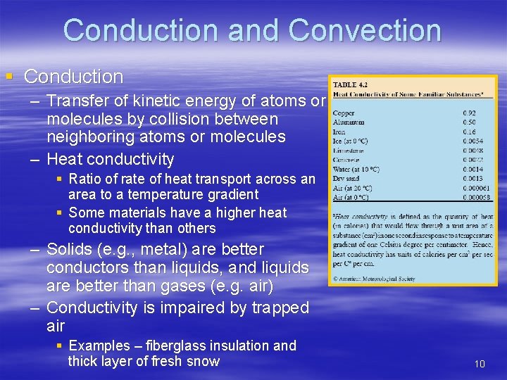 Conduction and Convection § Conduction – Transfer of kinetic energy of atoms or molecules
