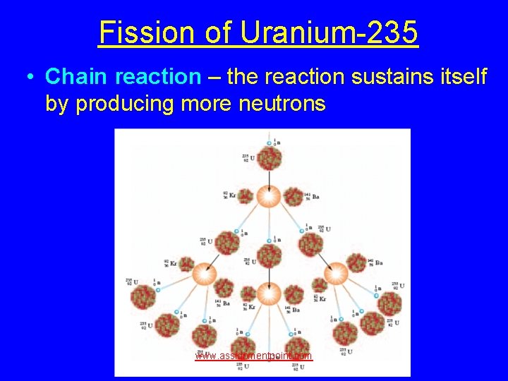 Fission of Uranium-235 • Chain reaction – the reaction sustains itself by producing more