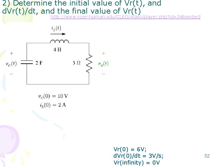 2) Determine the initial value of Vr(t), and d. Vr(t)/dt, and the final value