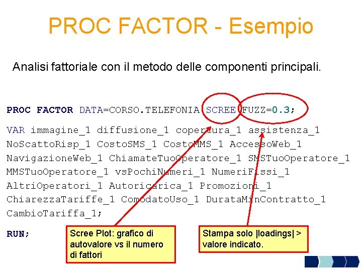 PROC FACTOR - Esempio Analisi fattoriale con il metodo delle componenti principali. PROC FACTOR