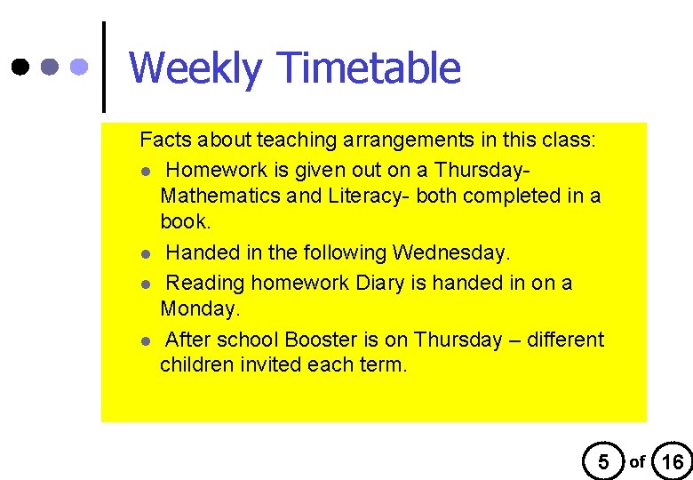 Weekly Timetable Facts about teaching arrangements in this class: l Homework is given out