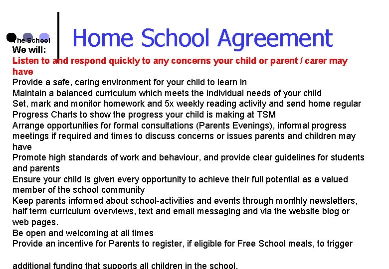 The School Home School Agreement We will: Listen to and respond quickly to any