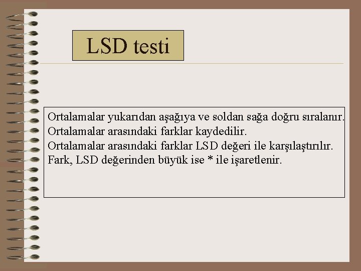 LSD testi Ortalamalar yukarıdan aşağıya ve soldan sağa doğru sıralanır. Ortalamalar arasındaki farklar kaydedilir.